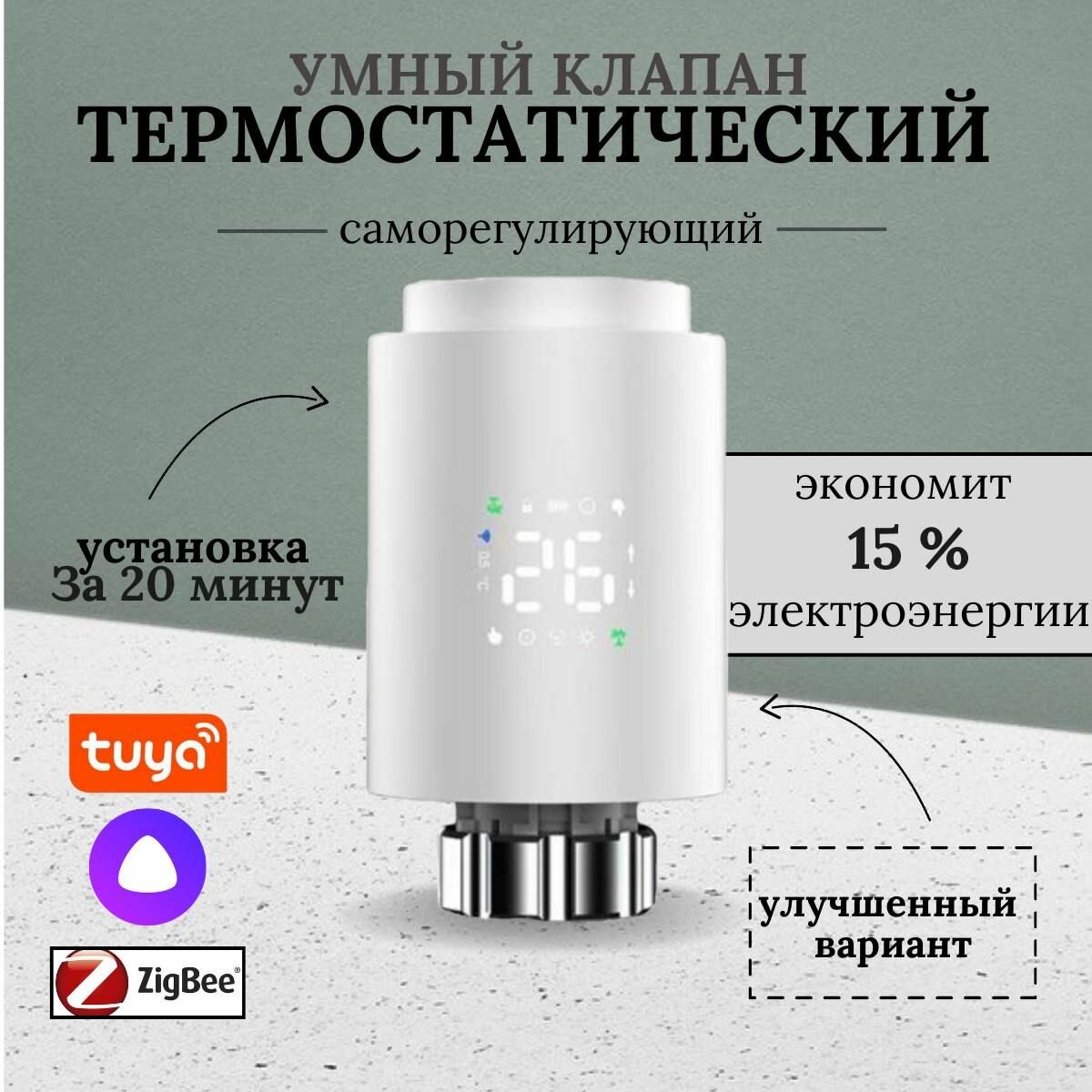 Терморегулятор для радиатора, белый, с TUYA ZigBee, сенсорный, программируемый, нужен шлюз Tyua