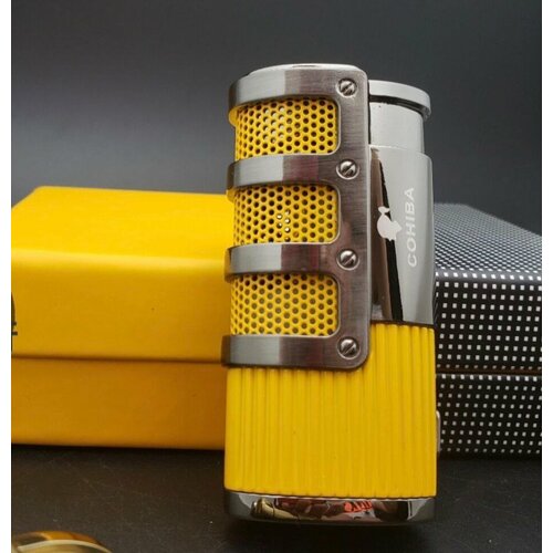 Металлическая газовая зажигалка с пробойником Cohiba, турбо тройное голубое пламя. Желтая.