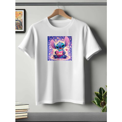 фото Футболка oneq унисекс 56-58 (3xl) размер с принтом стич, белая, размер 3xl, белый
