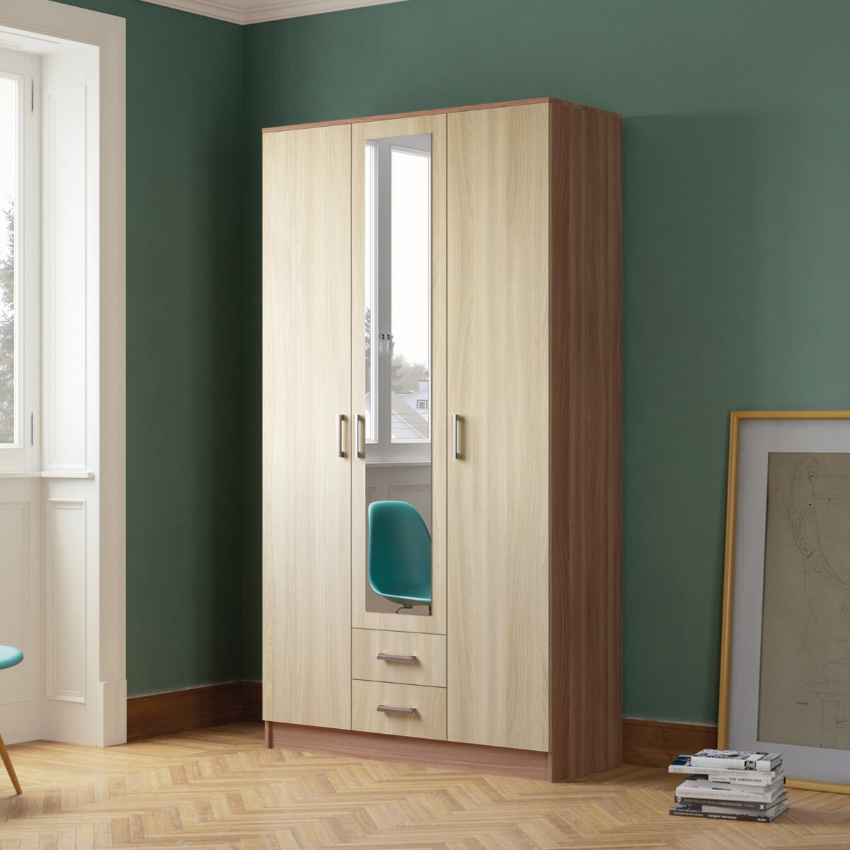 Шкаф распашной Трио с зеркалом Эра 120х48.7х220 см Ясень шимо светлый/Ясень шимо тёмный