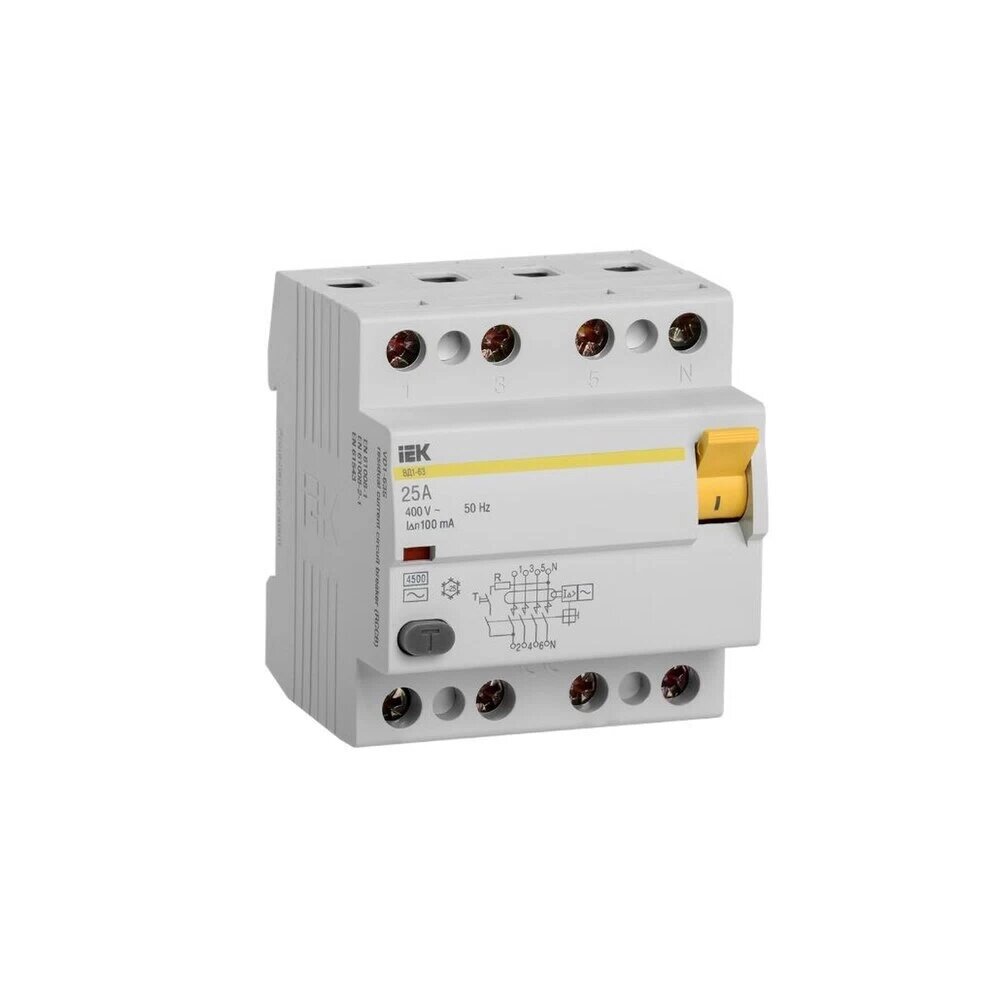 УЗО IEK ВД1-63 25А 3P+N тип AC 100 мА 45 кА (MDV10-4-025-100)
