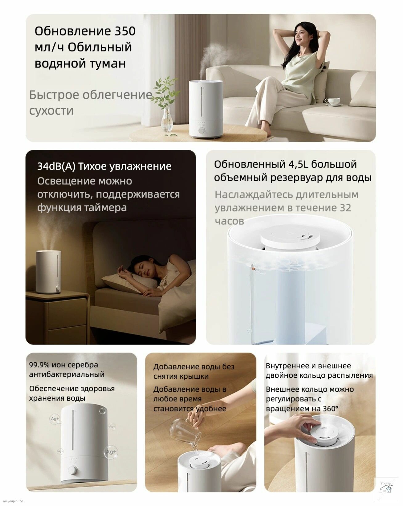 Увлажнители Воздуха Xiaomi Увлажнитель воздуха Xiaomi Mijia air humidifier 3 MJJSQ07DY 350mL/h 4.5L, Белый