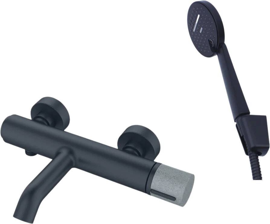 Смеситель для ванны с душем Bronze de Luxe Focus 24603BG с душевым гарнитуром настенный однорычажный черный серый матовый латунный из искусственного камня с керамическим картриджем