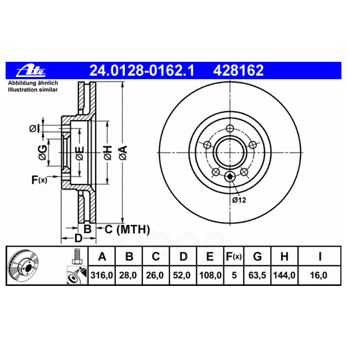 фото Диск тормозной передний ford/land rover/volvo all 06-> /vent d=316mm ate 24.0128-0162.1 ate арт. 24.0128-0162.1