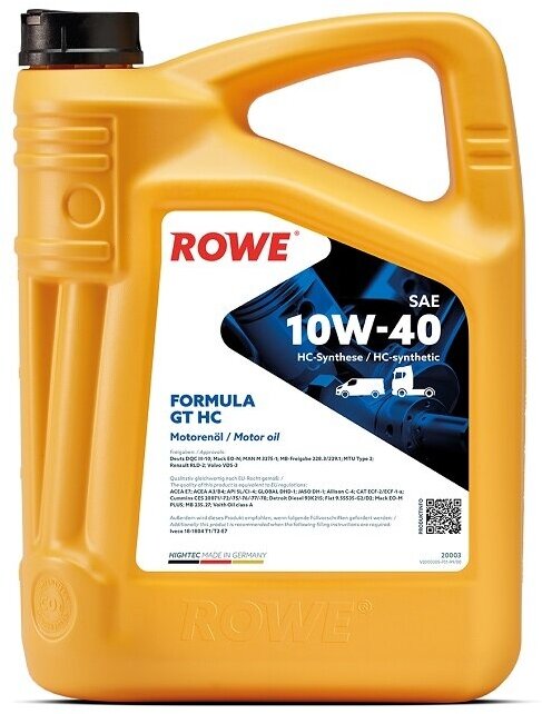 Синтетическое моторное масло ROWE Hightec Formula GT SAE 10W-40 HC, 5 л