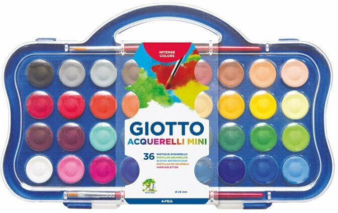 Набор красок акварельных Giotto Colour Blocks Mini, сухие, в таблетках, 2 кисти, 36 цветов Набор