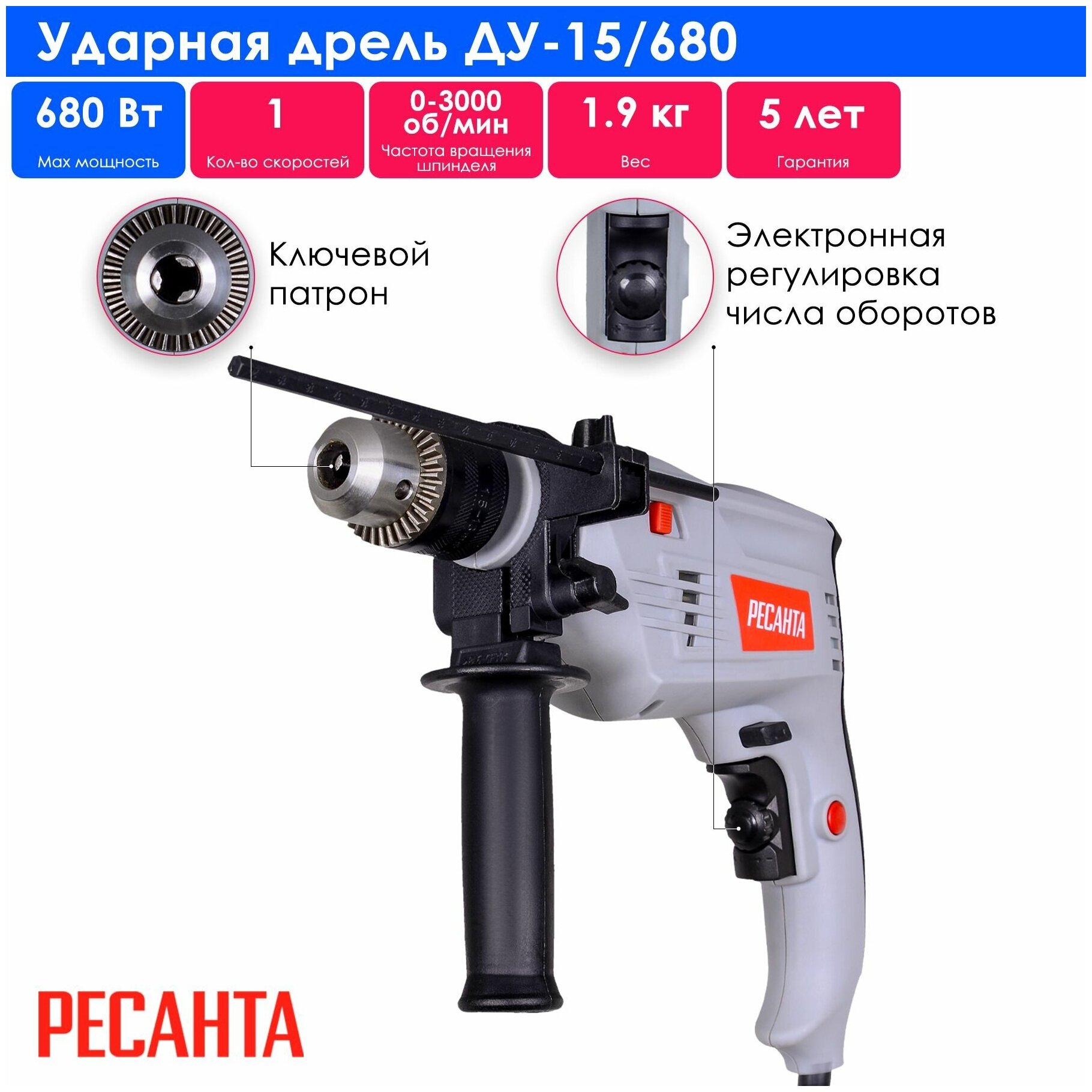 Дрель ударная РЕСАНТА ДУ-15/680 [75/8/2] - фото №15
