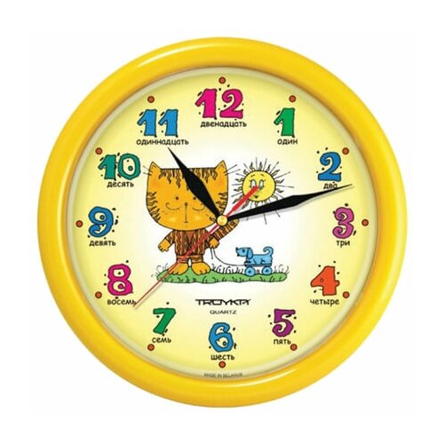 фото Часы настенные troyka 21250290, круг, желтые с рисунком "котенок", желтая рамка, 24,5х24,5х3,1 см, 1 шт. тройка