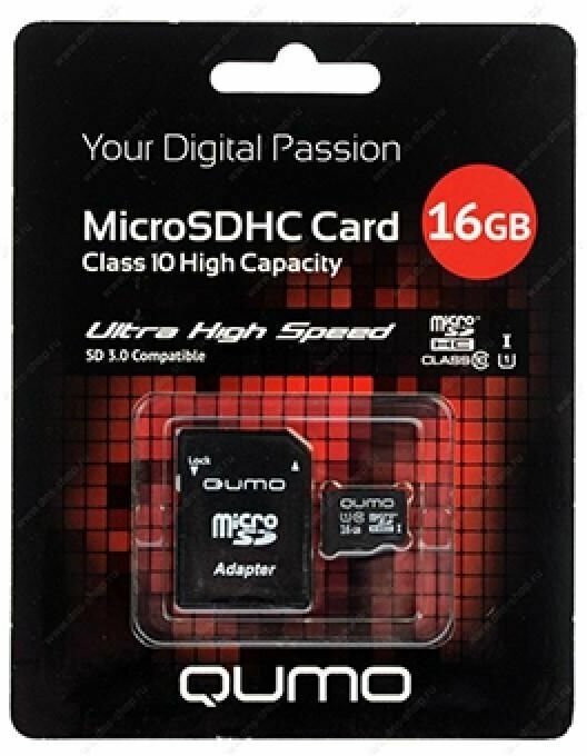 Карта памяти MicroSDHC 16 Gb UHS-l Qumo в блистере с адаптером