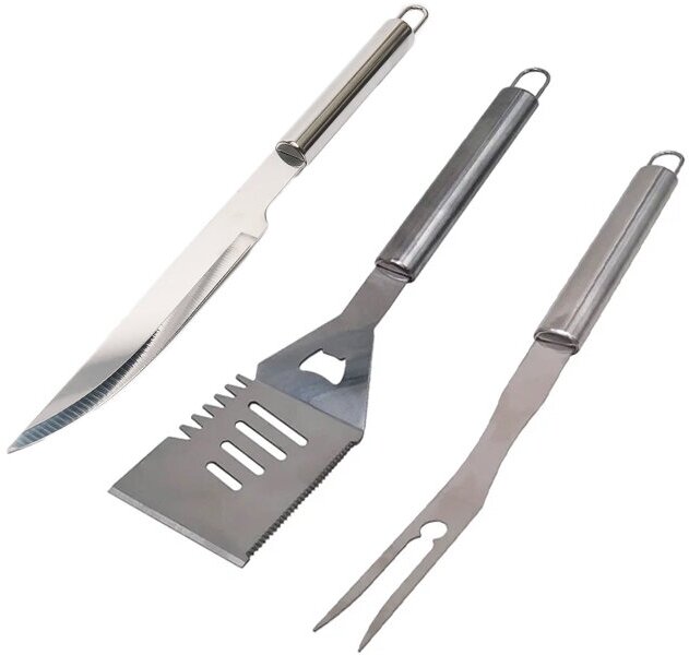 Набор кухонных принадлежностей: нож, лопатка кулинарная и вилка для барбекю (BBQ) и гриля, из нержавеющей стаои, 3 предмета - фотография № 2