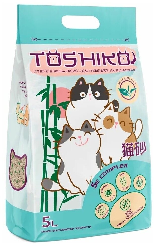 Наполнитель для кошачьего туалета Toshiko Зеленый чай комкующийся древесный 1.9кг 5л - фотография № 1