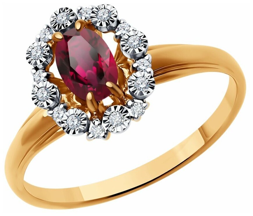 Кольцо Diamant, комбинированное золото, 585 проба, бриллиант, рубин