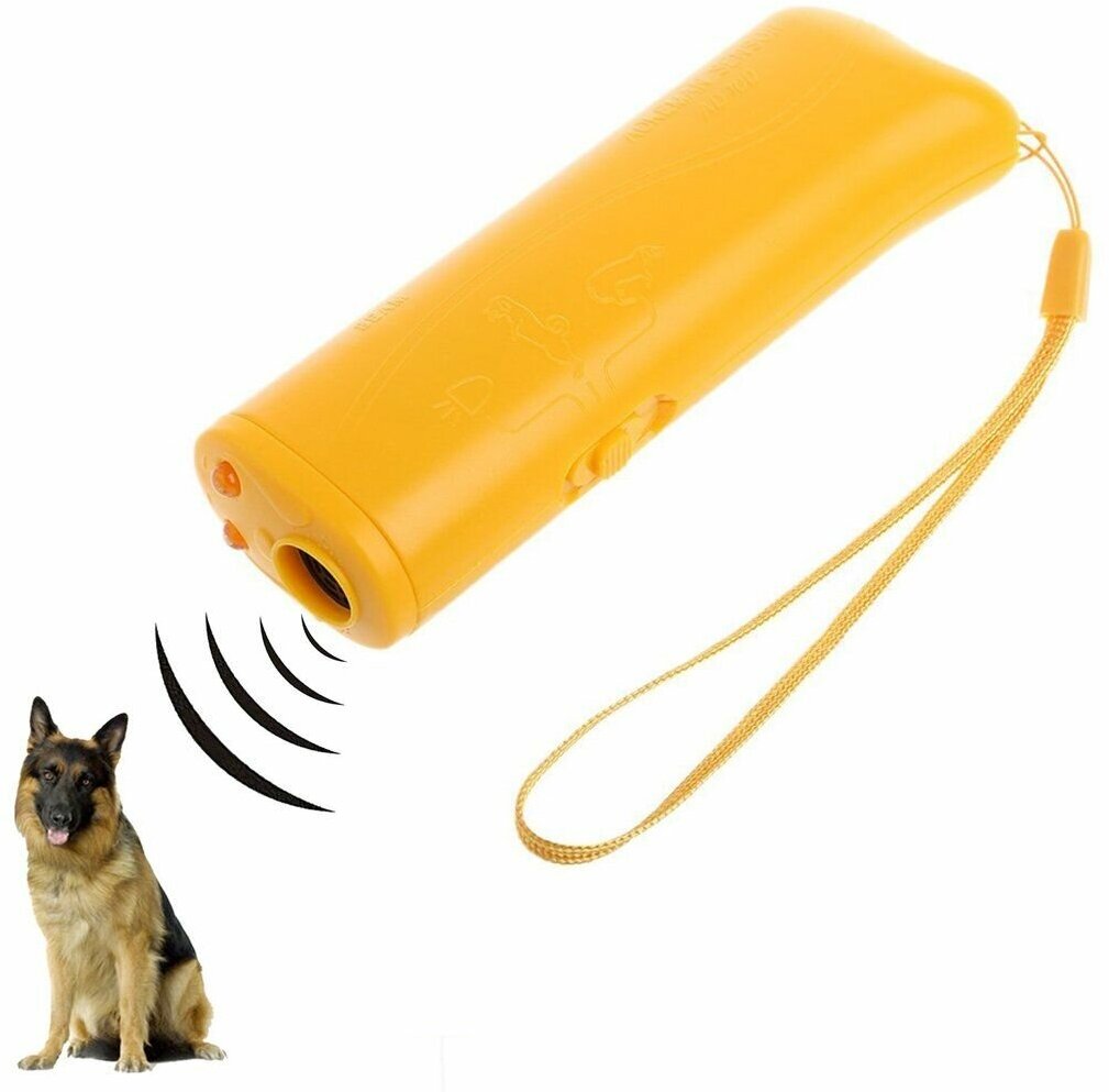 Ультразвуковой отпугиватель собак с функцией тренировки и фонариком желтый 12х4х25
