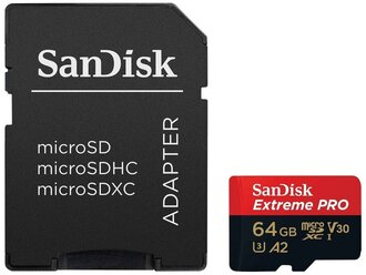 Карта памяти SanDisk Extreme PRO microSDXC 64 ГБ Class 10, V30, A2, UHS Class 3, R/W 200/90 МБ/с, адаптер на SD