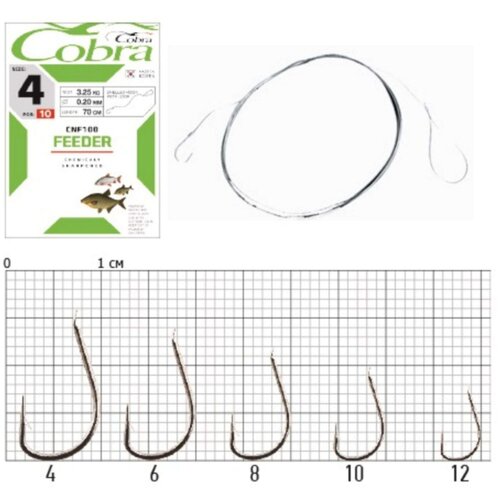 Крючки Cobra FEEDER, № 6, 10 шт., с поводком 70 см, 0.18 мм