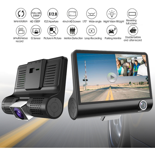 Автомобильный видеорегистратор c камерой заднего вида для парковки / Датчик удара G-Sensor / Full HD 1080p / 4.0 LCD дисплей / 3 камеры