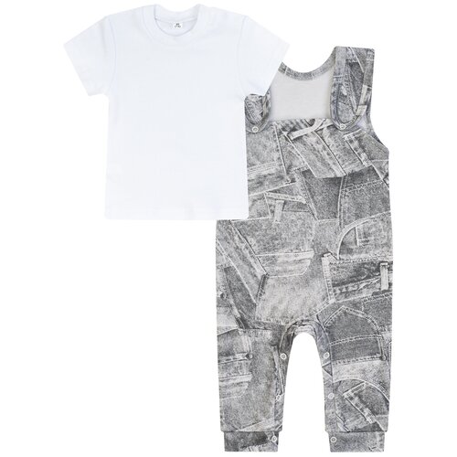 фото Комплект ясельный, 728, утенок, рост 74см, цвет белый-т.серый-карманы (полукомбинезон и футболка)