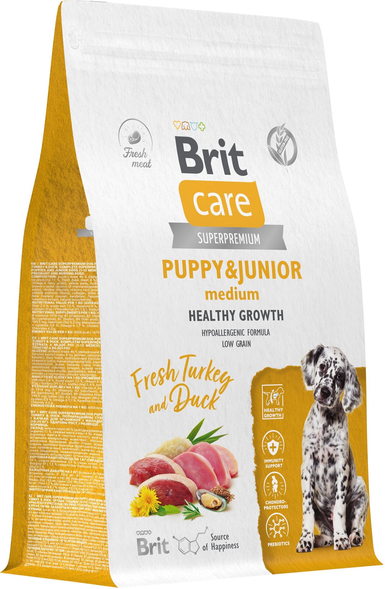 Сухой корм для щенков средних пород Brit Care Dog Puppy&Junior M Healthy Growth с индейкой и уткой