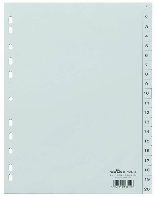 Разделитель листов Durable, А4, пластик, 1-20