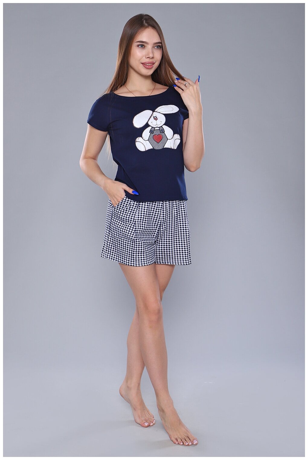 Женский домашний костюм/ пижама (футболка+ шорты) в клетку темно-синего цвета, размер 54 - фотография № 7