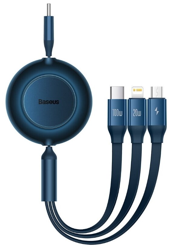 Кабель Baseus Bright Mirror 2 Series Retractable 3-in-1 Fast Charging Data Cable Type-C to M+L+C 100W 1.1m Blue (CAMJ010203)