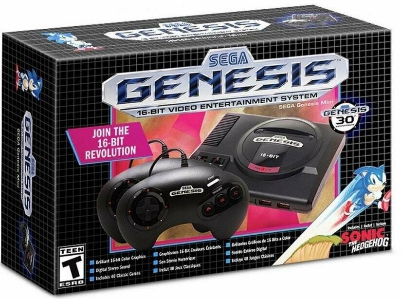 Игровая приставка 16 bit Sega Genesis Mini + 42 встроенных игр + 2 геймпада (Черная) USA Оригинал