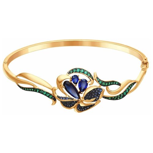 фото Жесткий браслет sokolov, красное золото, 585 проба, родирование, фианит, корунд синтетический, длина 19 см.