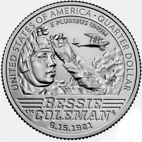 Памятная монета 25 центов Бесси Колман. Американские женщины. Денвер (D). США, 2023 г. в. UNC памятная монета 25 центов бесси колман американские женщины денвер d сша 2023 г в unc