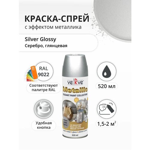 Аэрозольная краска Verve в баллончике Ral 9022, краска с эффектом сверкающего металлика быстросохнущая, акриловая, глянцевое покрытие, Серебро, 0.52 л