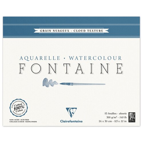 Альбом для акварели, 15л, 24*30, на склейке Clairefontaine Fontaine Grain Nuageux, 300г/м2, холод. пресс, облачная текстура