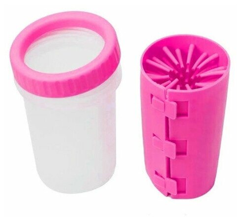 Лапомойка розовая для собак мелких средних и крупных переносная стакан-непроливайка с силиконовой щеткой