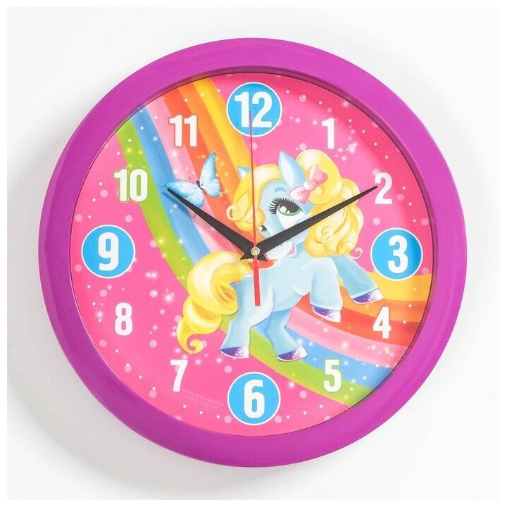 Часы настенные, серия: Детские, "Пони", дискретный ход, d-28 см, фиолетовый обод