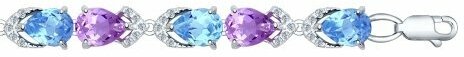 Серебряный браслет Diamant online 100405 с топазом, фианитом, аметистом и миксом камней, Серебро 925°, 19