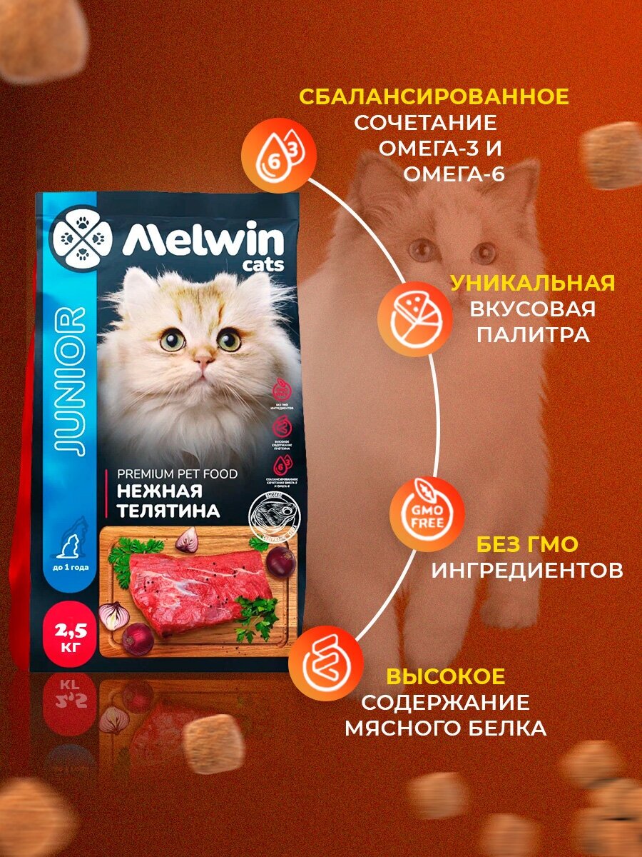 Корм сухой MELWIN для котят всех пород до 1 года Нежная телятина Премиум 2,5 кг - фотография № 12