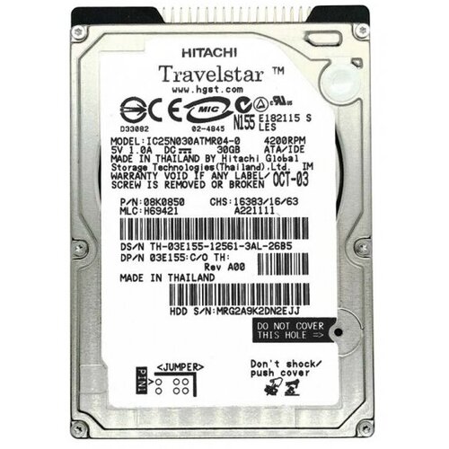 Жесткий диск Hitachi 03E155 30Gb 4200 IDE 2,5 HDD жесткий диск hitachi 07n8669 30gb 4200 ide 2 5 hdd
