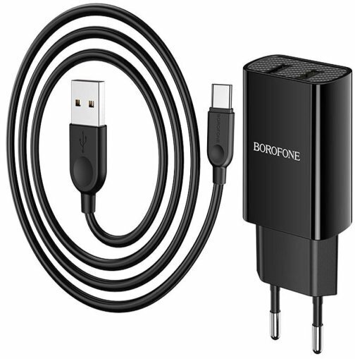 Сетевое зарядное устройство 2USB 2.1A в комплекте с дата-кабелем Type-C Borofone BA53A 1м Black