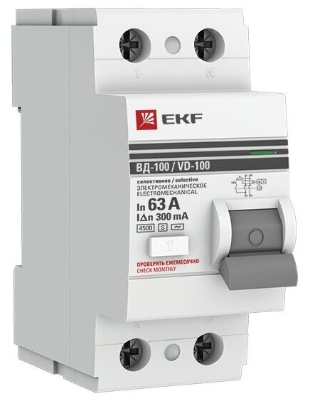 Устройство защитного отключения селективное 2P 63А-300мА (электромеханическое) EKF PROxima