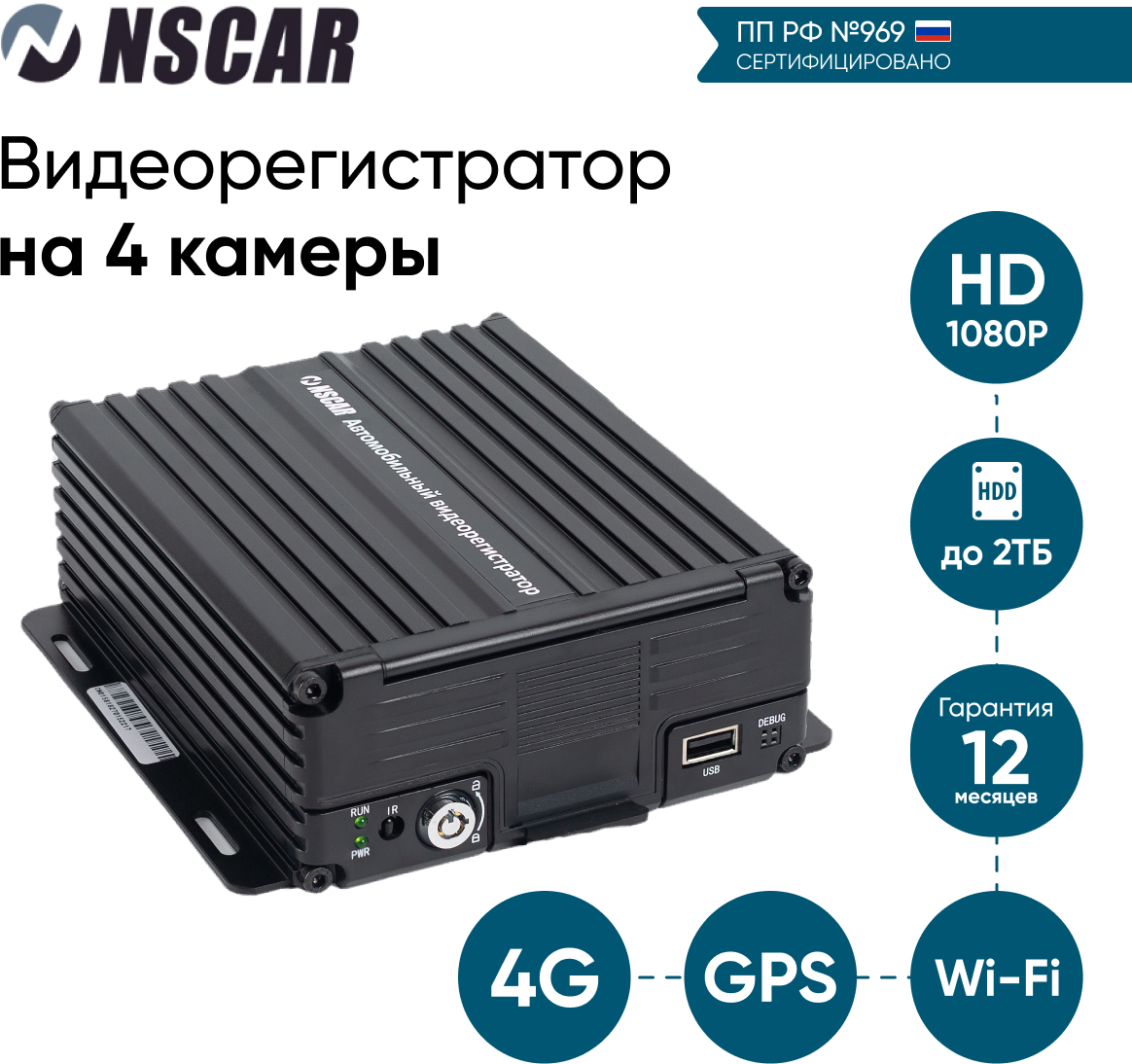 Видеонаблюдение 969 для автобусов и маршрутных такси NSCAR на 4 камеры с HDD (видеорегистратор с 4G GPS WiFi)