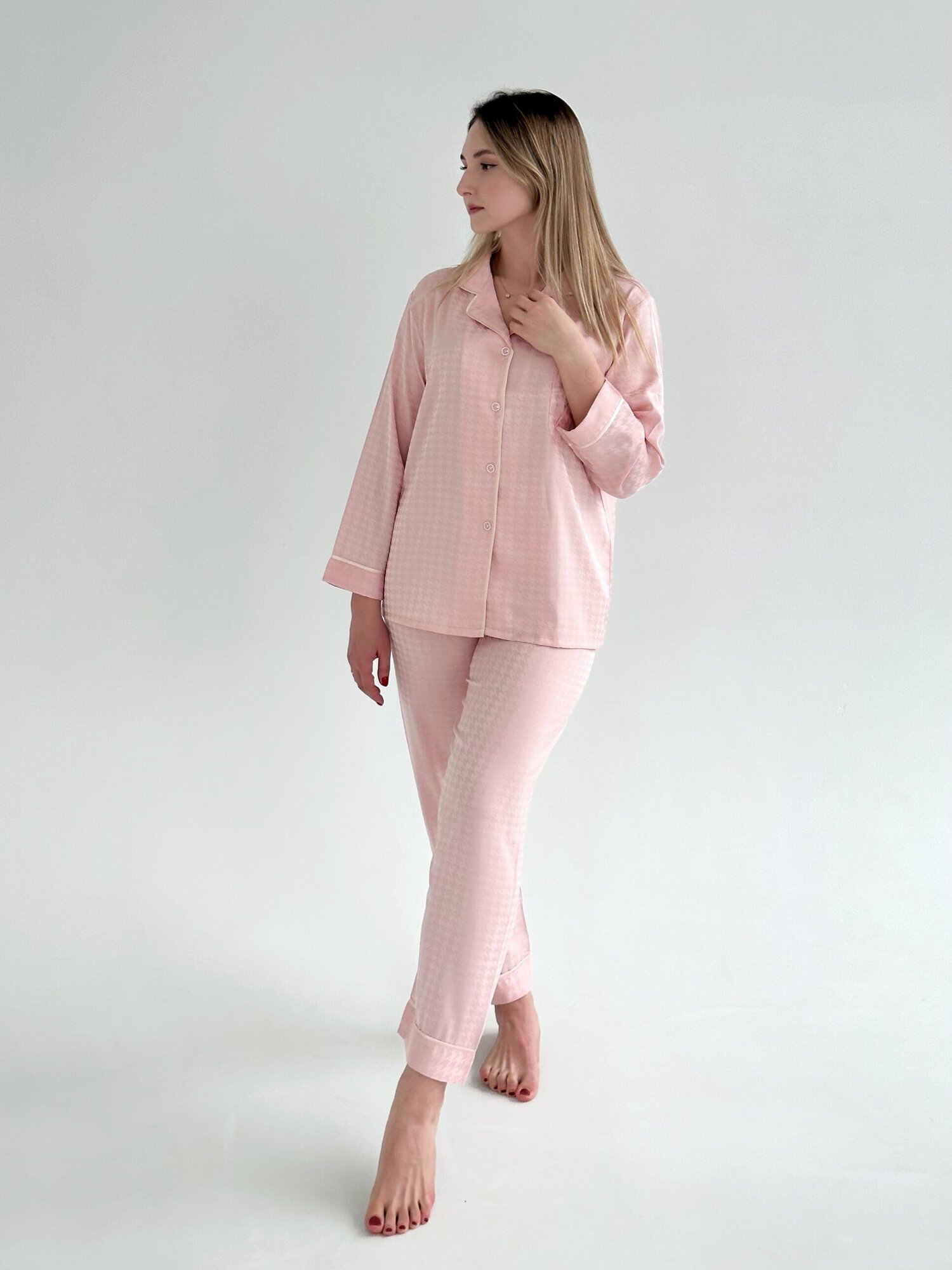 Пижама женская AuroraMichi, брюки, рубашка, застежка пуговицы, длинный рукав, розовая, XL - фотография № 3