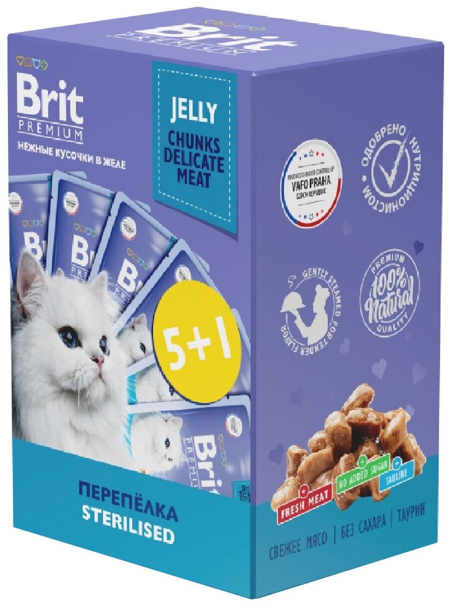 Пауч Brit Premium Промо-Набор 5+1 для взрослых стерилизованных кошек перепелка в желе 85г