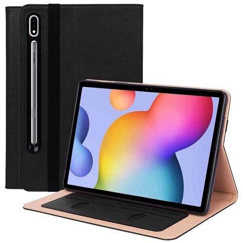 фото Чехол mypads для samsung galaxy tab s7 plus 12.4 sm-t970 / t975 (2020) с визитницей и держателем для руки черный натуральная кожа prestige бизнес класса