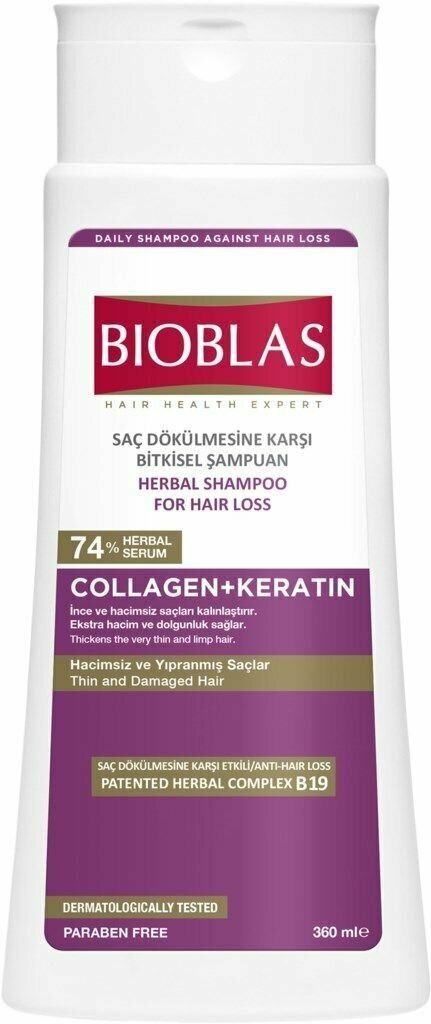 Шампунь для волос BIOBLAS с коллагеном и кератином для придания объема тонким волосам, 360мл - 1 шт.