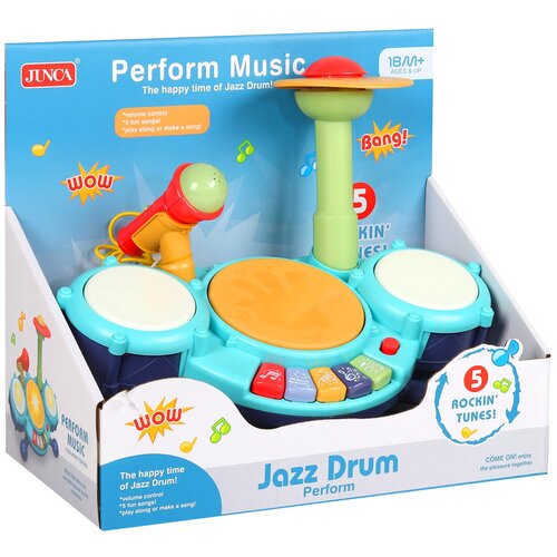 Купить Игрушка детская развивающая музыкальная Барабанная установка с микрофоном JUNCA, на батарейках, свет, звук, интерактивная игрушка для малышей, развивает слух, моторику, память, цвет голубой, в/к 32*28*18см