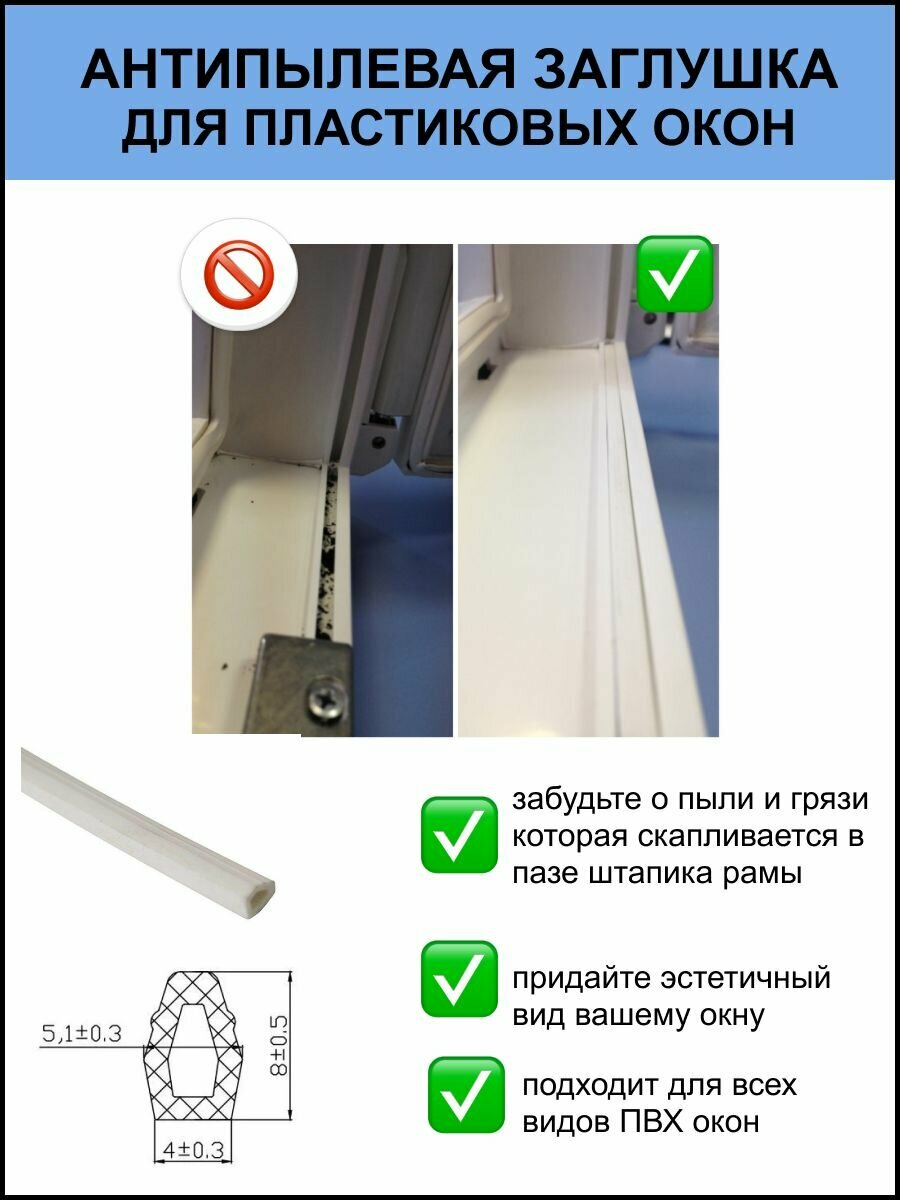 Уплотнитель антипылевой заглушка паза штапика для пластиковых окон и ПВХ дверей белый 3 метра