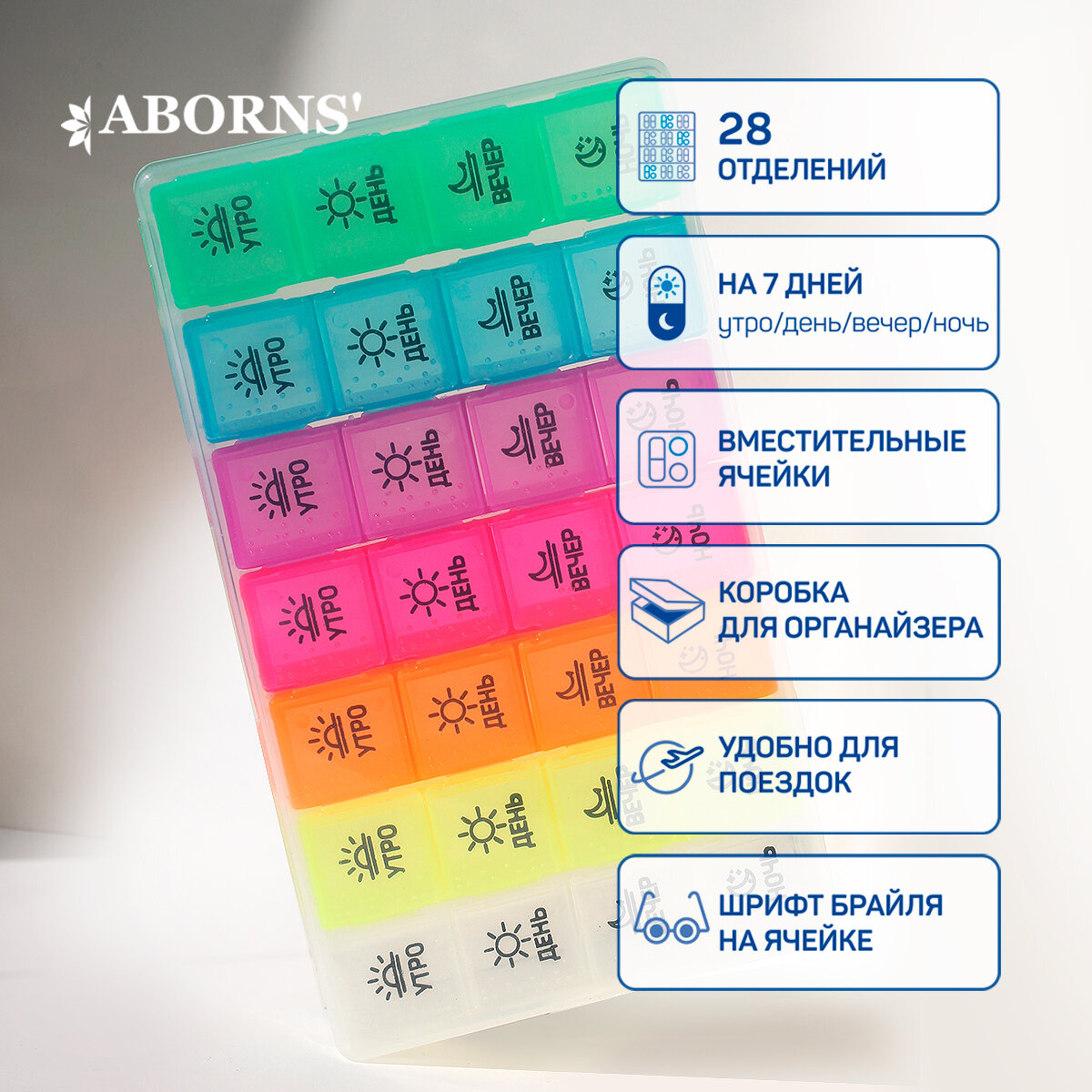 Картинки Таблетница органайзер на неделю ABORNS, контейнер для таблеток, бокс, на 7 дней, 4 приема, 28 ячеек