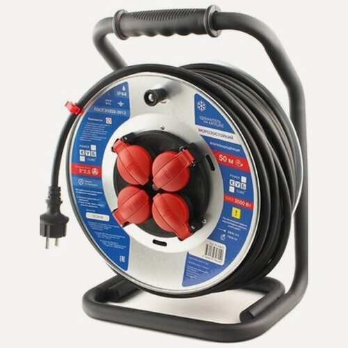 Изображение товара Удлинитель Power Cube PowerCube на мет. катушке IP44, 16А, 30м, резина, 4 розетки c заземлением