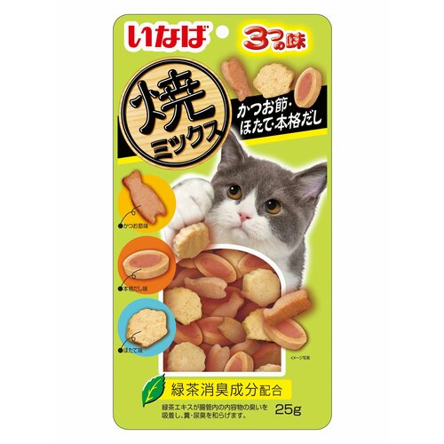 Лакомство для кошек INABA Yaki Miksu со вкусом кацуобуси, морского гребешка и наваристого бульона 25г