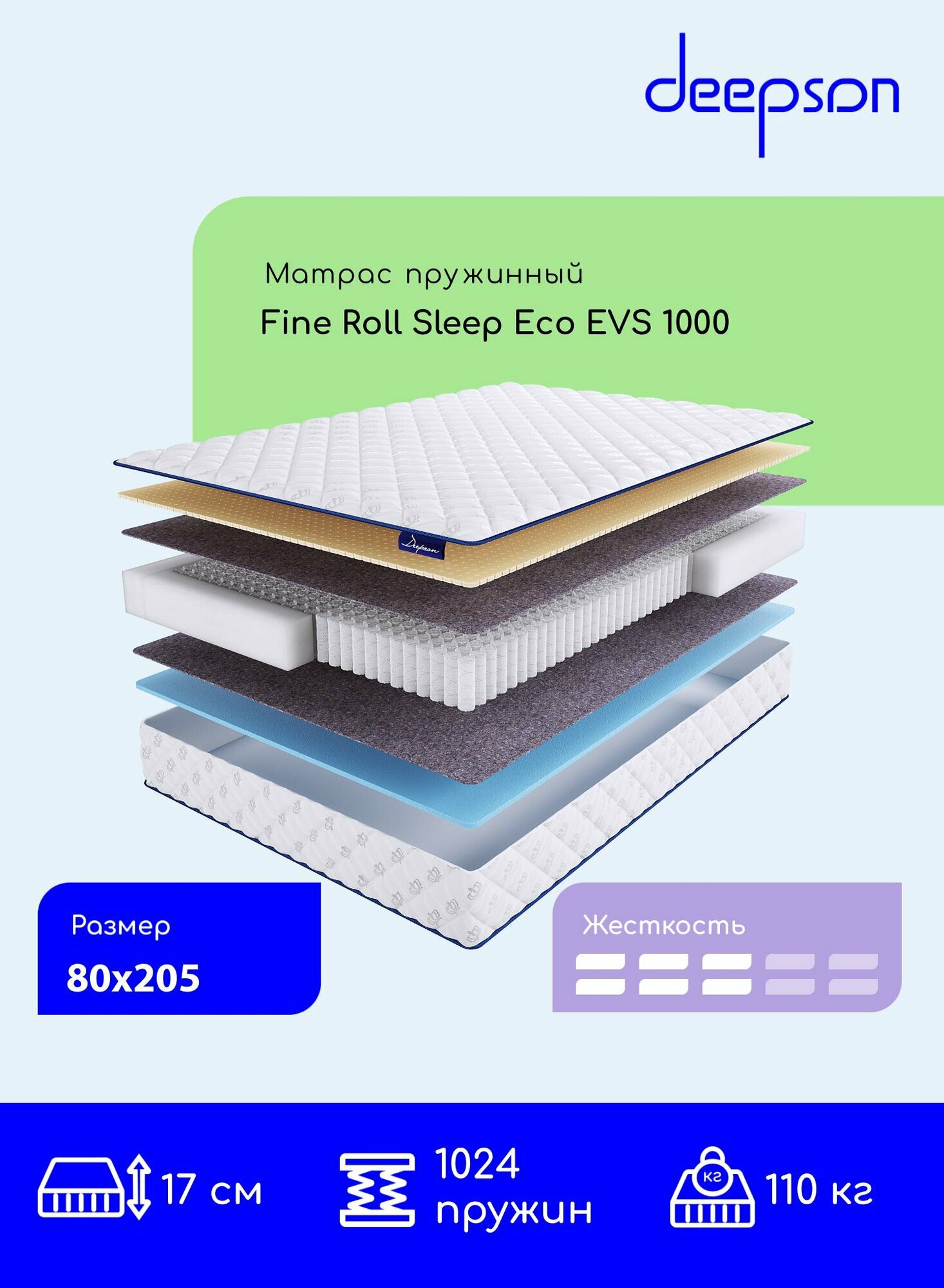 Матрас 80x205 ортопедический независимые пружины Deepson Fine Roll Sleep Eco EVS 1000