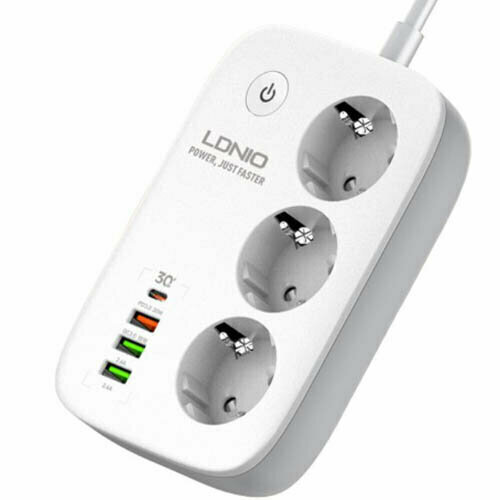 Сетевой фильтр LDNIO SE3436 3 евро розетки 2.5кВт зарядка 3 порта USB-A QC4 + USB-C PD PPS GaN 65Вт - 2м белый