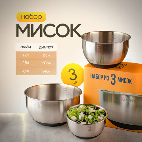 Набор металлических мисок Knifeld с силиконовым основанием без крышек и терок 3 шт 2399₽